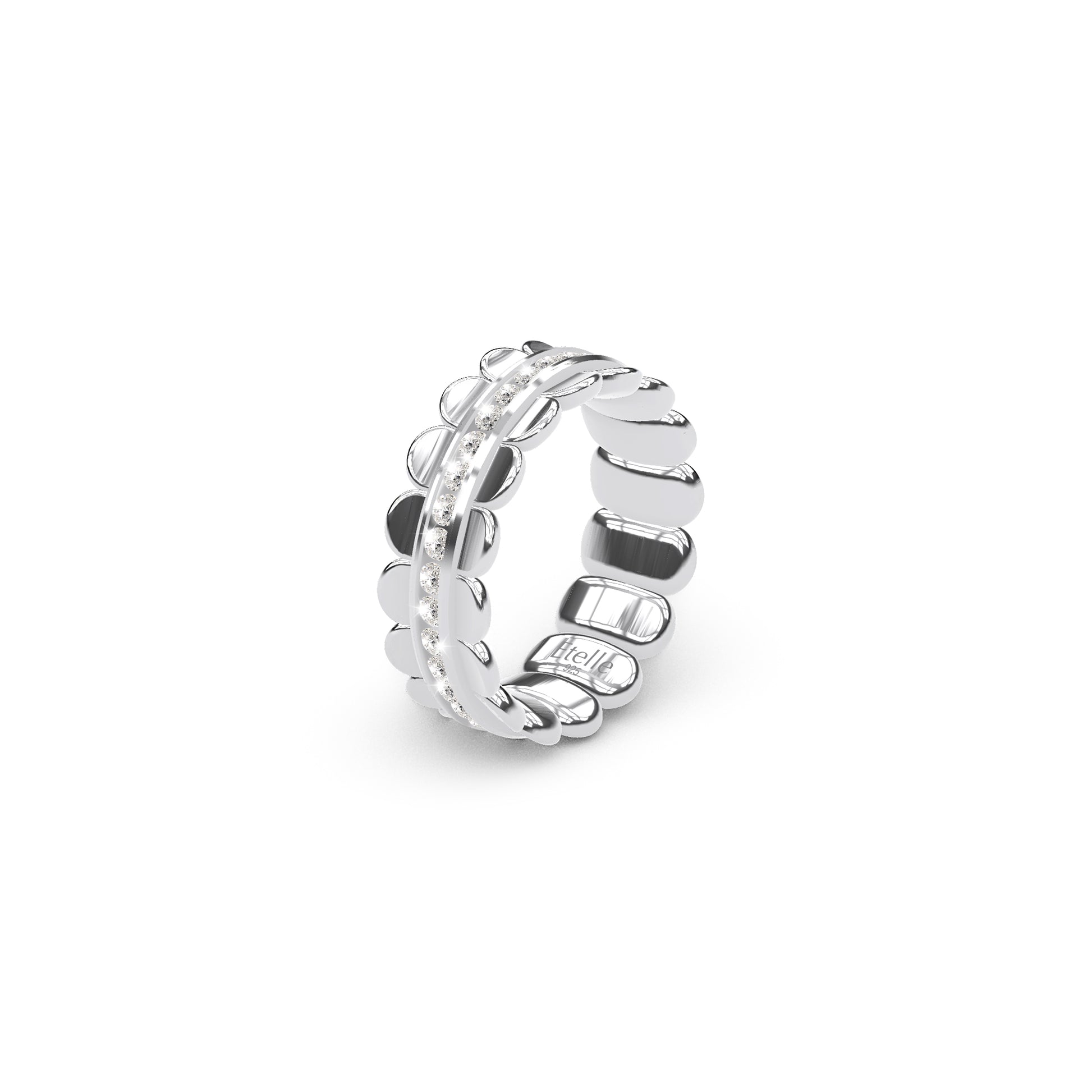 Etelle sterling silver flower petal ring with a lab-grown diamond center rail
