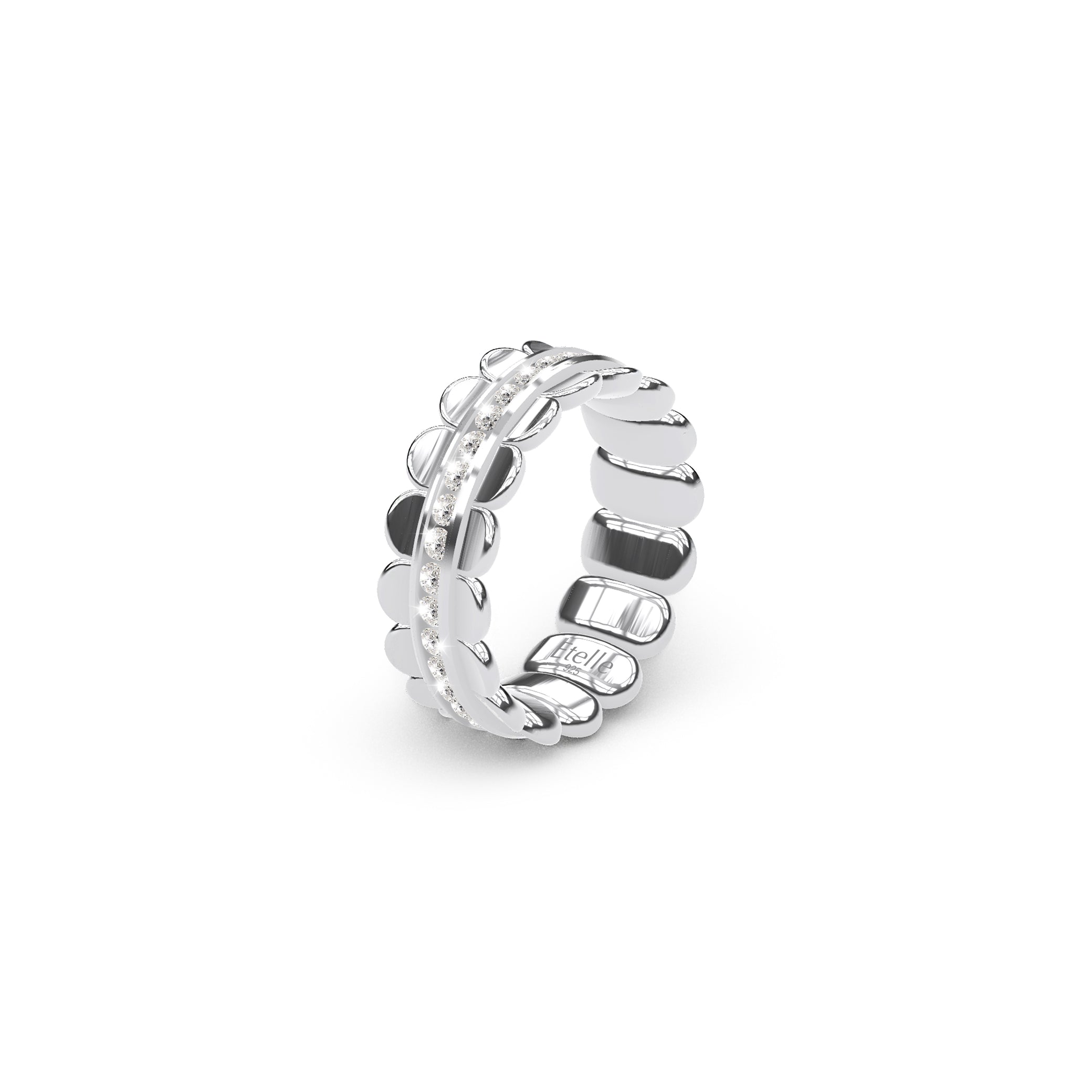 Etelle sterling silver flower petal ring with a lab-grown diamond center rail