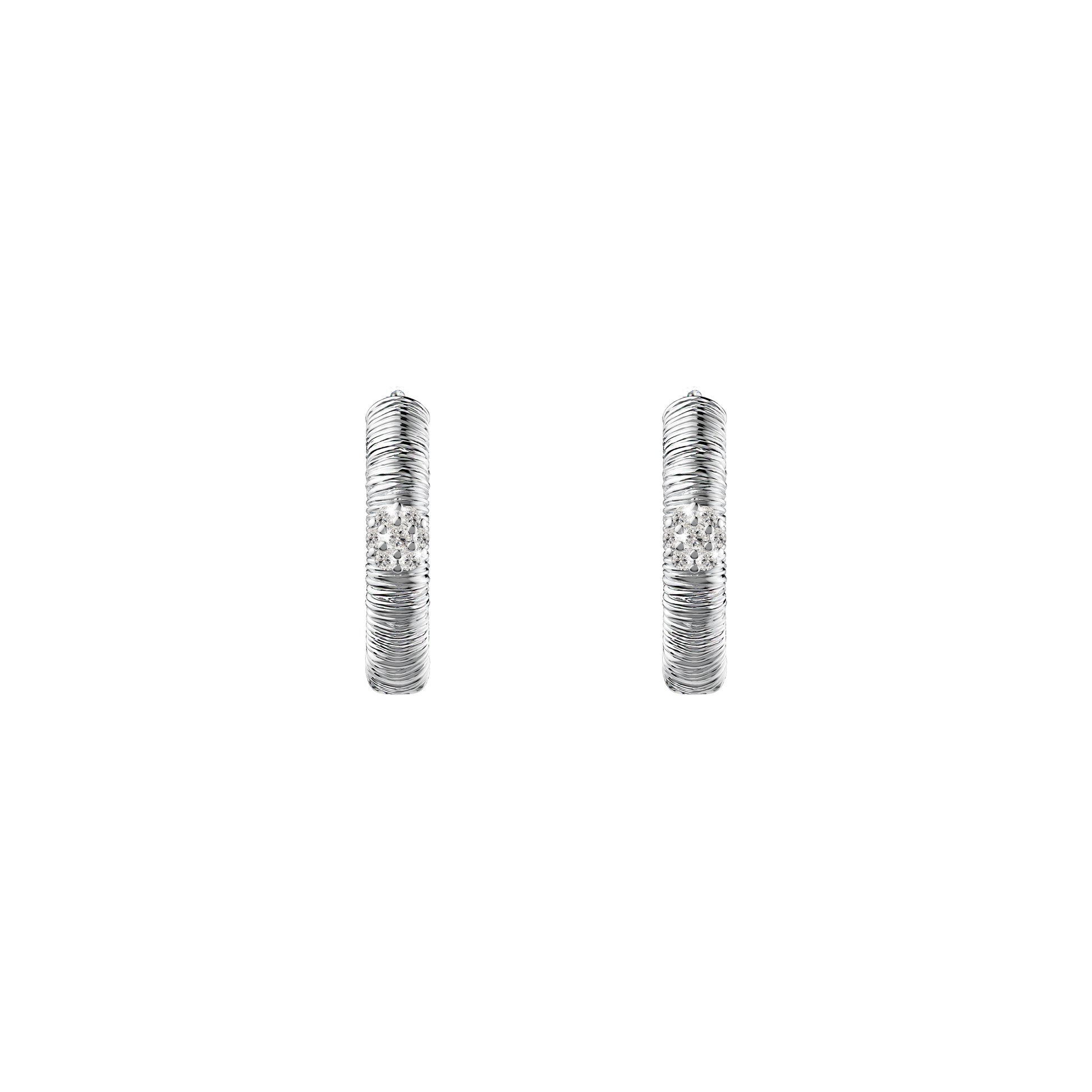Etelle sterling silver hoop earrings with lab-grown diamonds and engraved line texture