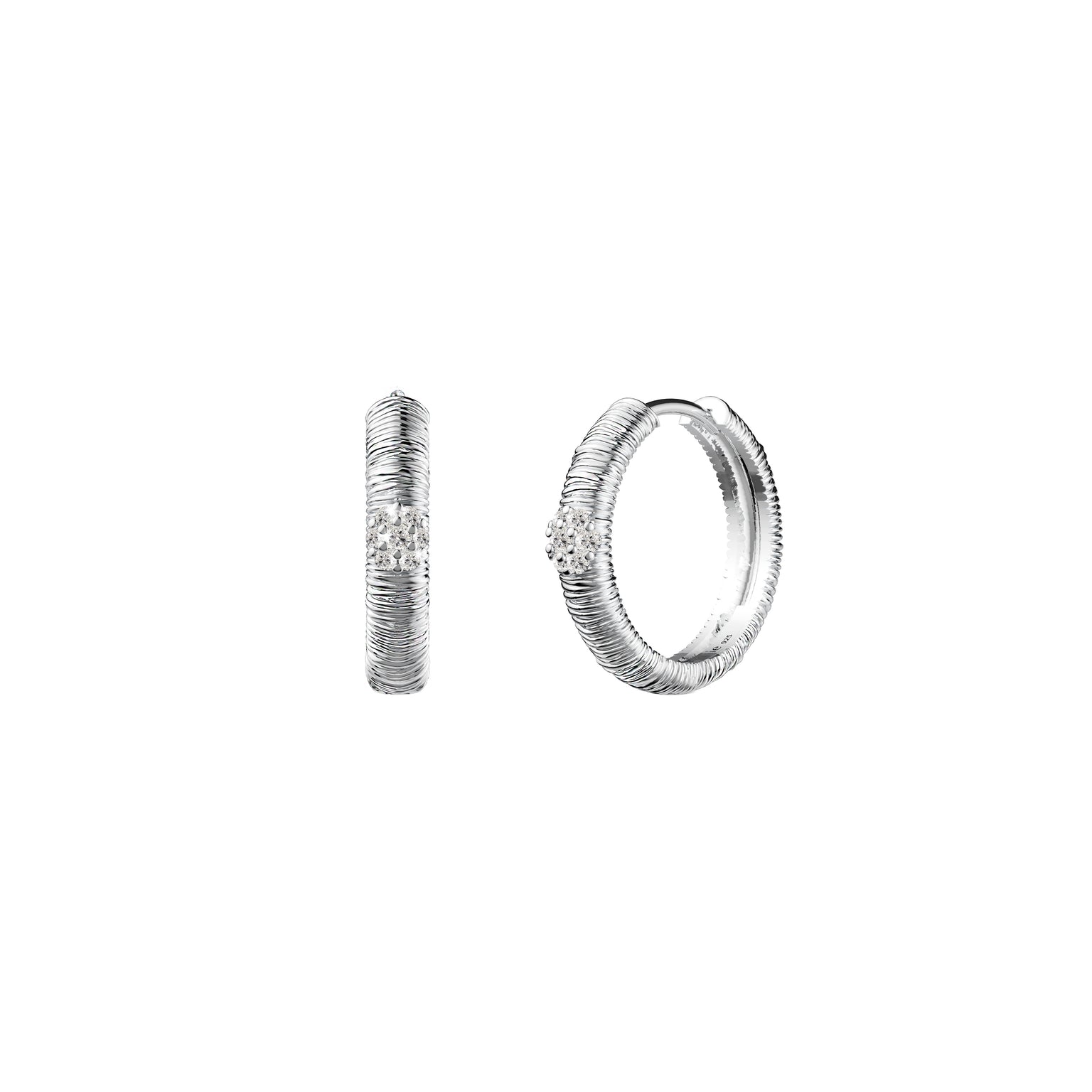Etelle sterling silver hoop earrings with lab-grown diamonds and engraved line texture