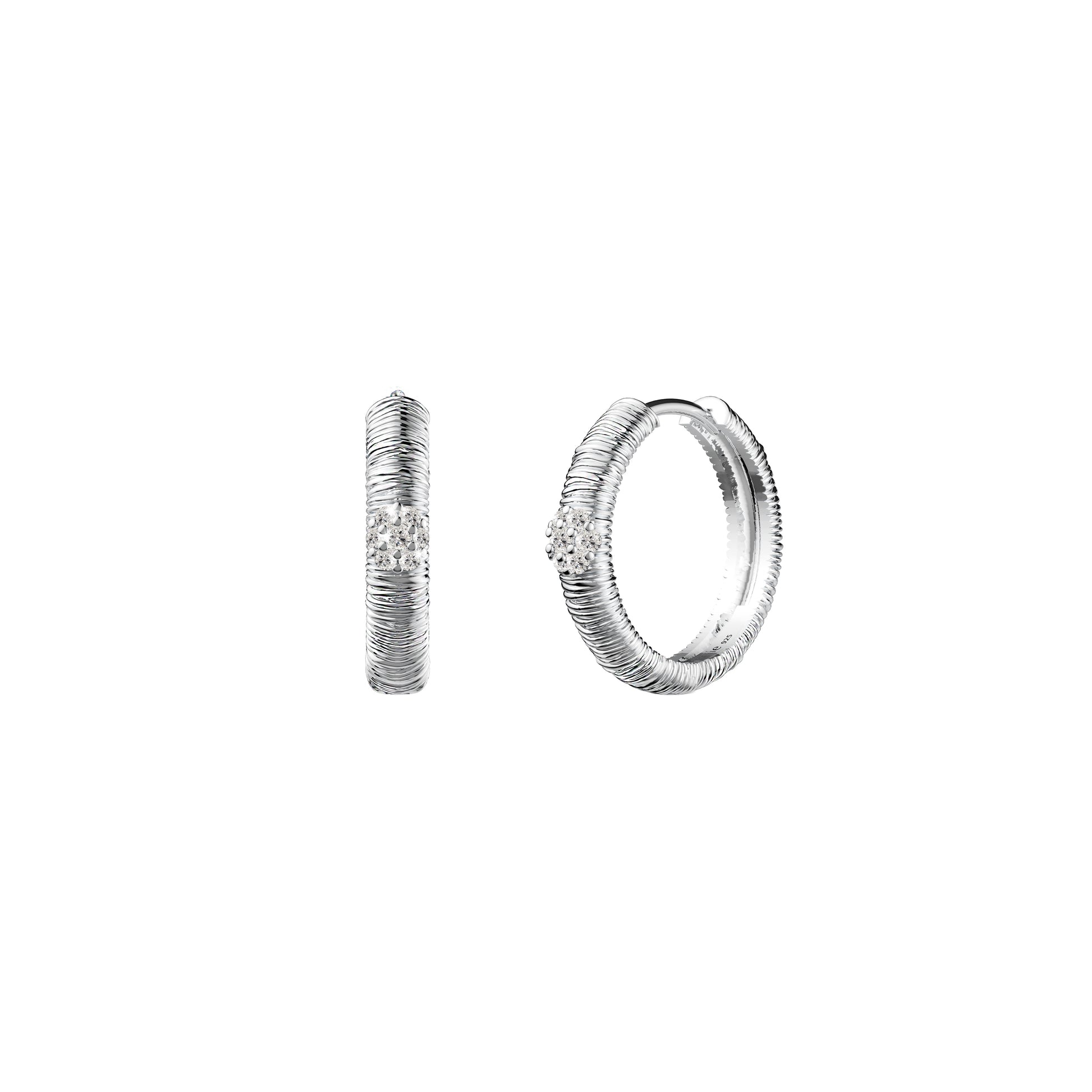 Etelle sterling silver hoop earrings with lab-grown diamonds and engraved line texture