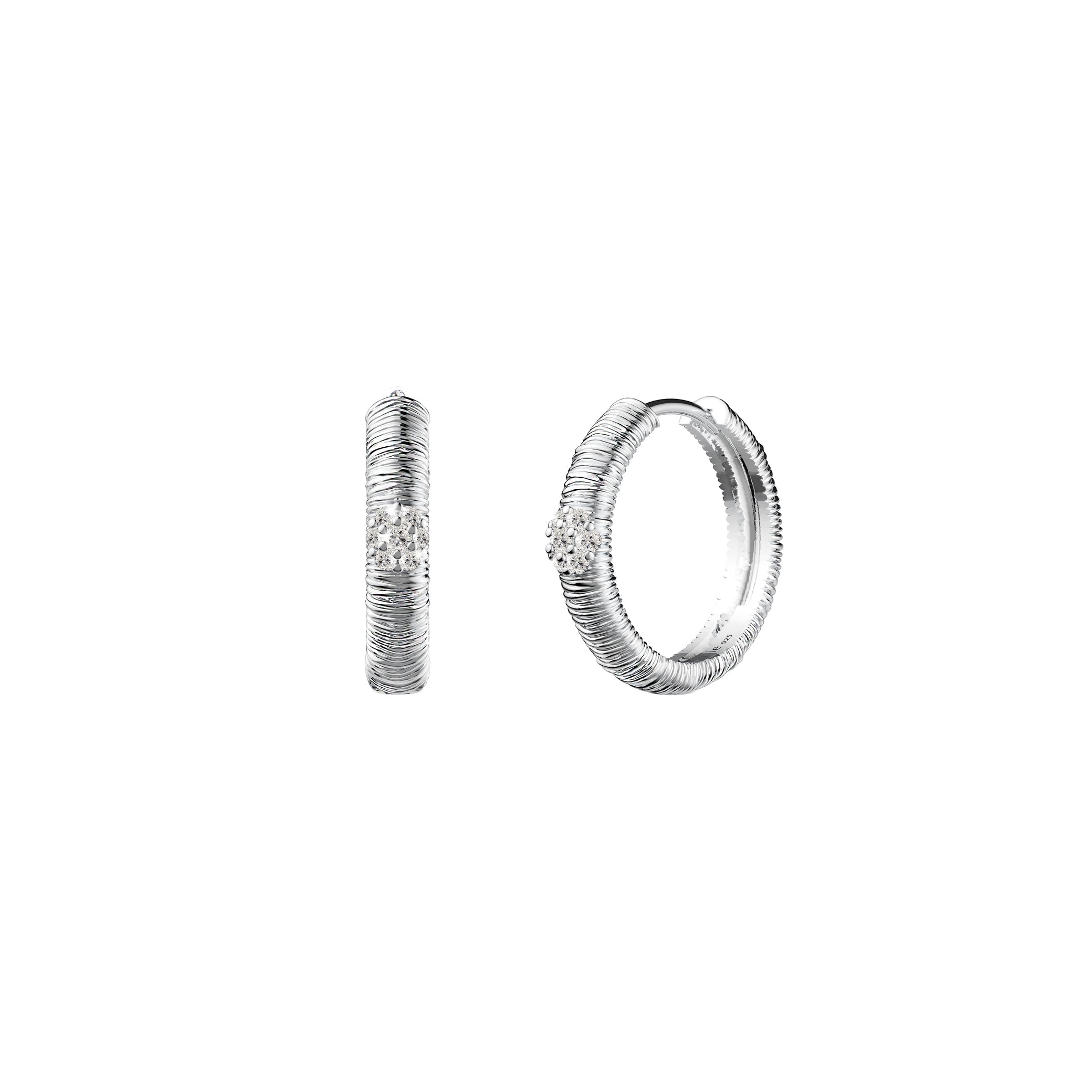 Etelle sterling silver hoop earrings with lab-grown diamonds and engraved line texture