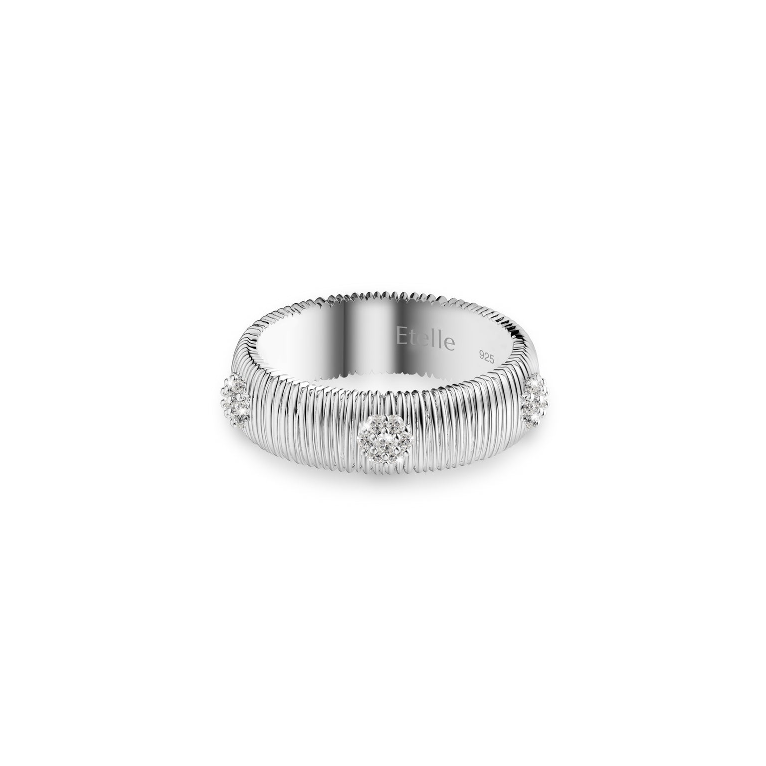 Etelle minimalist sterling silver ring with lab-grown diamonds and engraved line texture, 6mm band